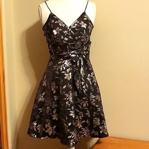 Black and silver brocade satin pinup style full skirt knee length party dress